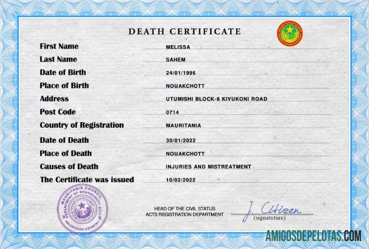 Em branco modelo PSD de certidão de óbito de registro vital da Mauritânia